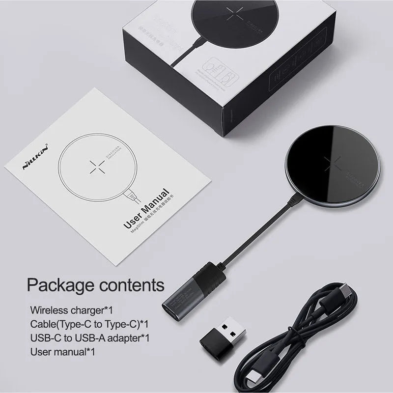 Black MagSlim magnetic wireless charger for smartphones showing 10W charging output