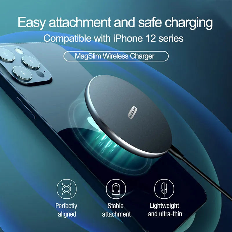 Black MagSlim magnetic wireless charger for smartphones showing 10W charging output
