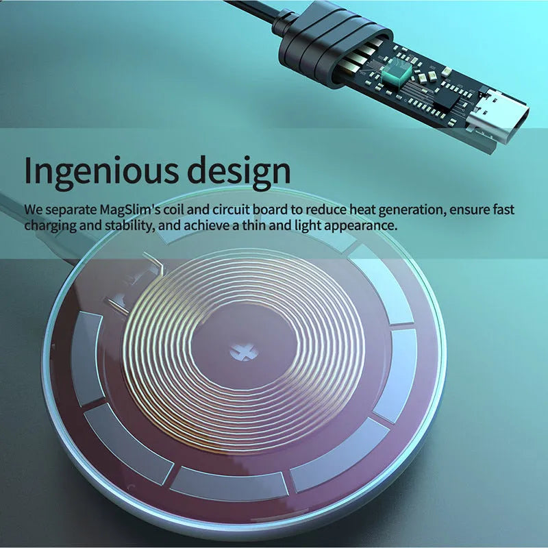 Black MagSlim magnetic wireless charger for smartphones showing 10W charging output