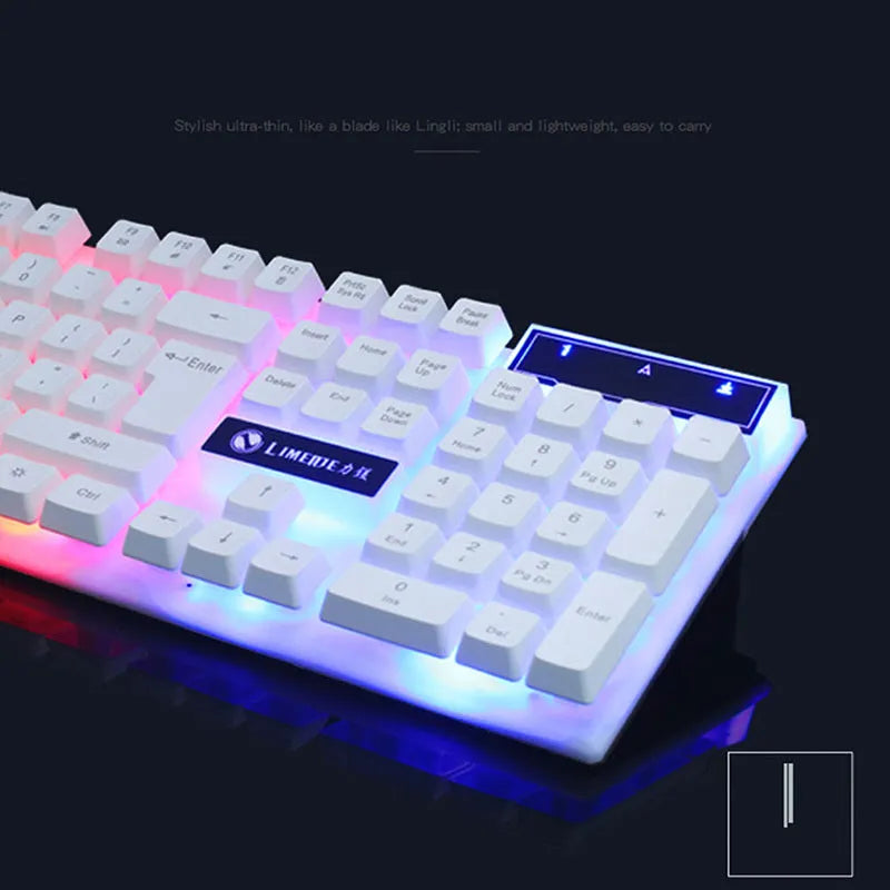 GTX300 black and white wired gaming keyboard and mouse set with glowing backlight on desk