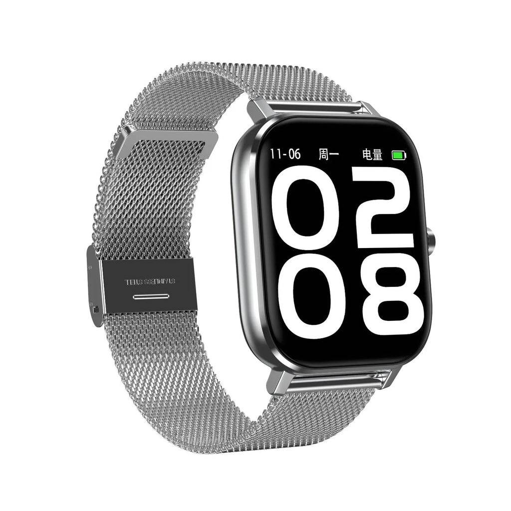 Smart health monitoring bracelet with 1.54-inch touch screen on a wrist, showing heart rate and ECG data display.
