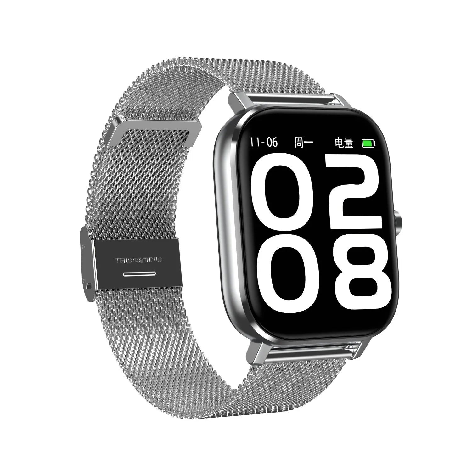 Smart health monitoring bracelet with 1.54-inch touch screen on a wrist, showing heart rate and ECG data display.