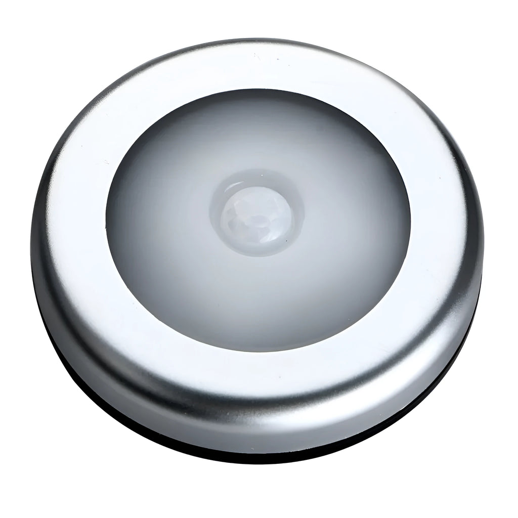 Silver battery-powered motion sensor night light with 80mm diameter PC plastic lampshade