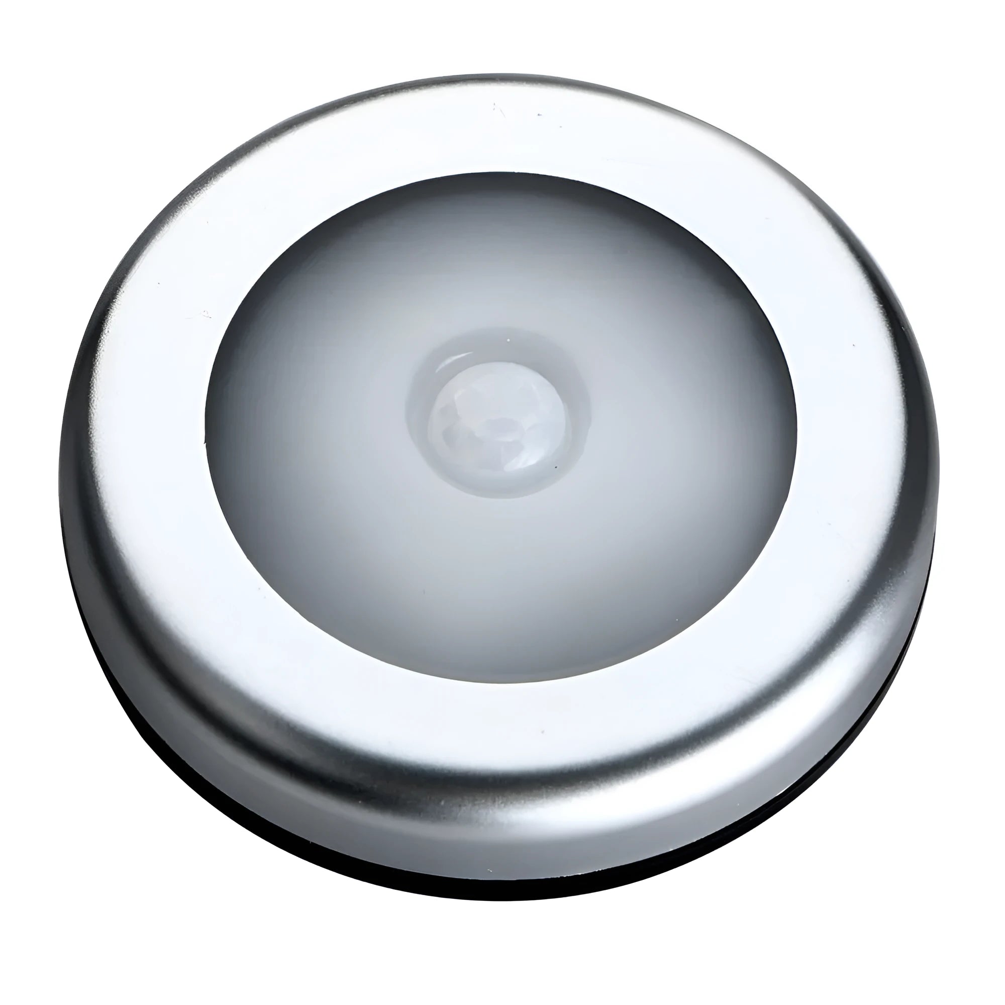 Silver battery-powered motion sensor night light with 80mm diameter PC plastic lampshade