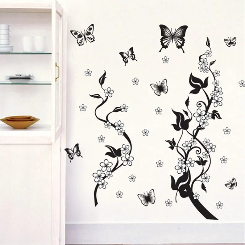 Fashion PVC wall sticker with butterfly flower design in photo colour, 50x70cm size, third generation