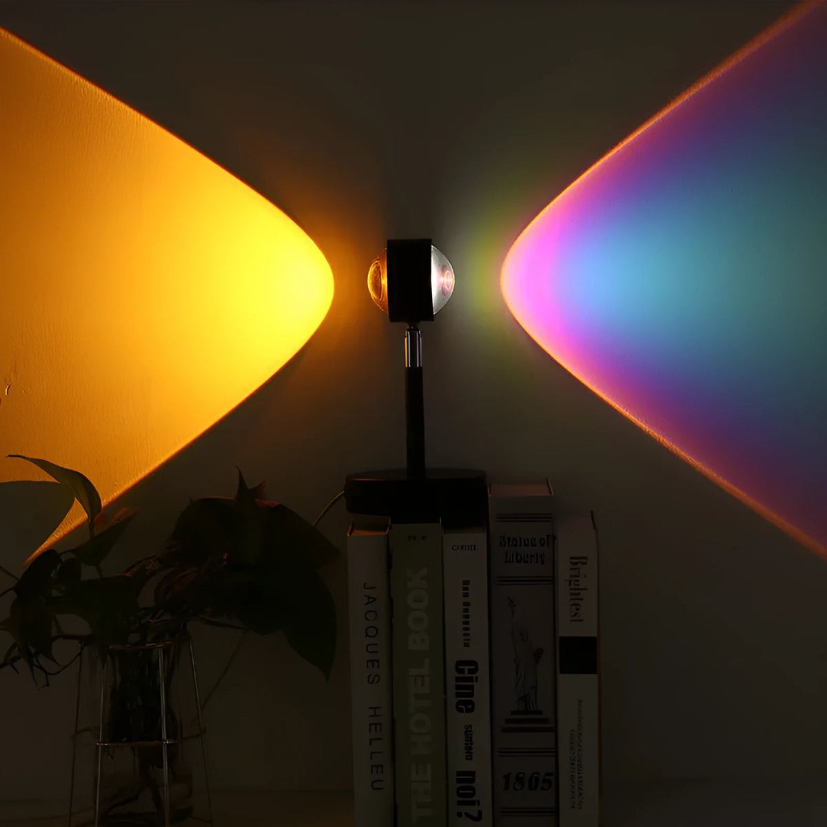 Black USB dual-head sunset rainbow projection lamp with touch controls, 140x240mm dimensions