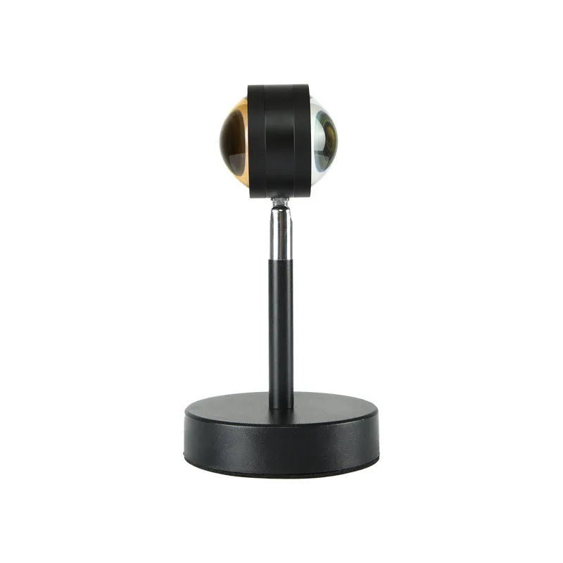 Black USB dual-head sunset rainbow projection lamp with touch controls, 140x240mm dimensions