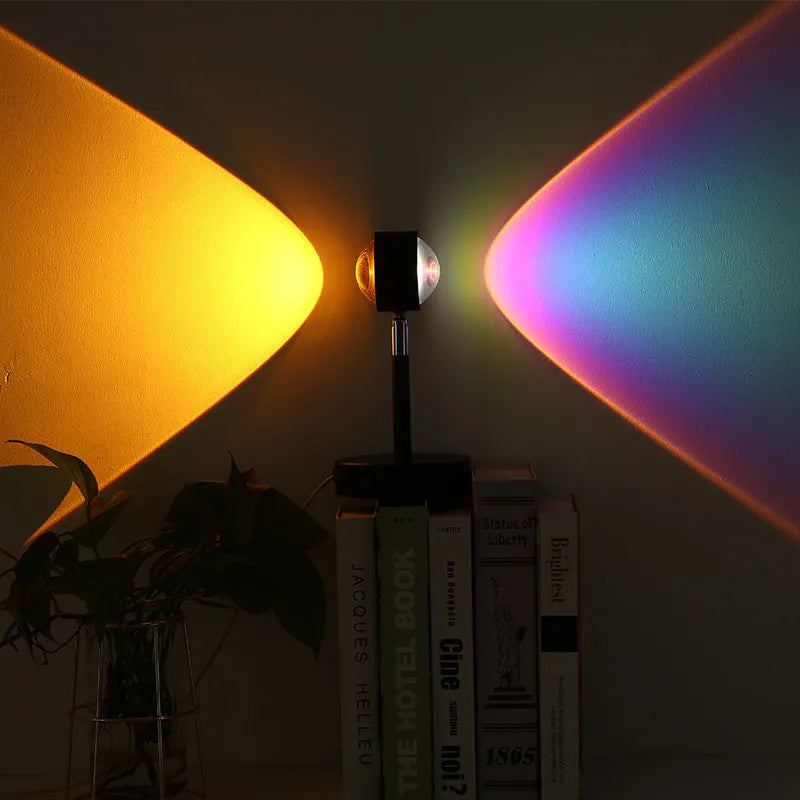 Black USB dual-head sunset rainbow projection lamp with touch controls, 140x240mm dimensions