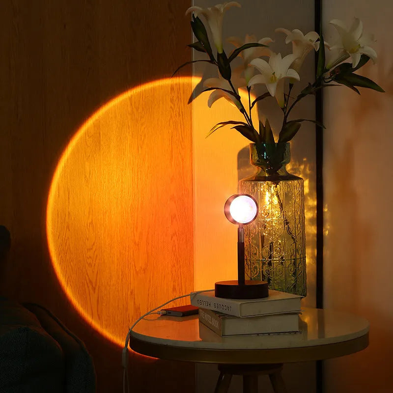 Black USB dual-head sunset rainbow projection lamp with touch controls, 140x240mm dimensions