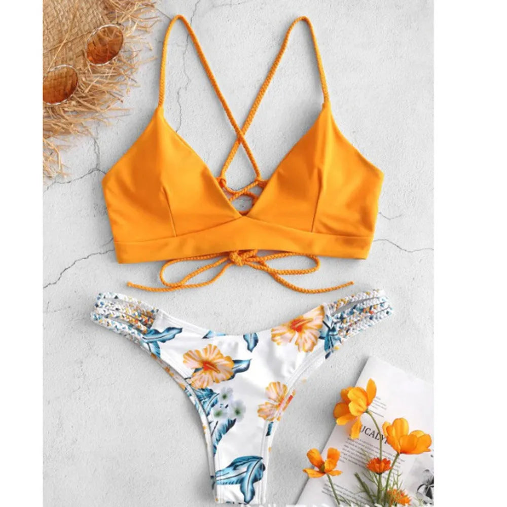 Braided rope bikini swimsuit printed two-piece with chest pad no steel support, 80% polyester, sizes S M L