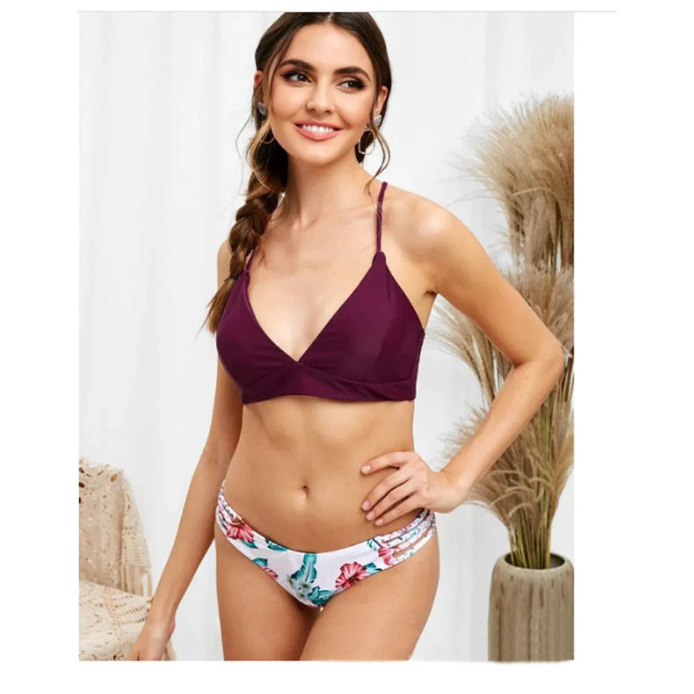 Braided rope bikini swimsuit printed two-piece with chest pad no steel support, 80% polyester, sizes S M L