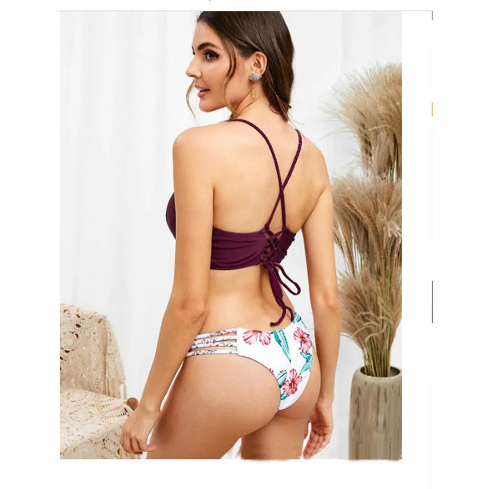 Braided rope bikini swimsuit printed two-piece with chest pad no steel support, 80% polyester, sizes S M L