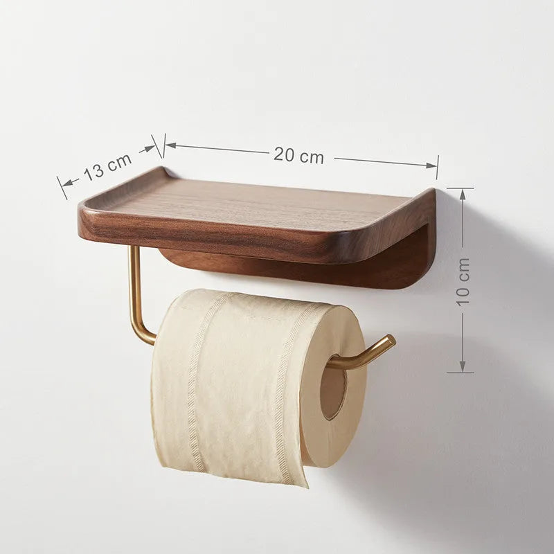 Solid walnut wood wall-mounted paper towel rack with brass fittings in natural wood colour.