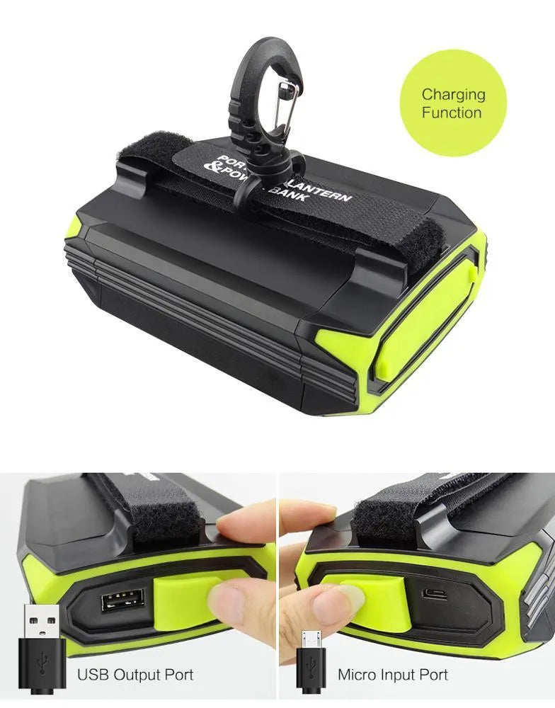 Green aluminium rechargeable camping light with USB port and push-button controls