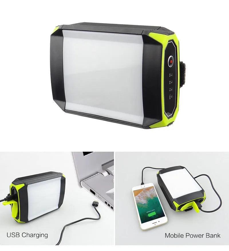 Green aluminium rechargeable camping light with USB port and push-button controls