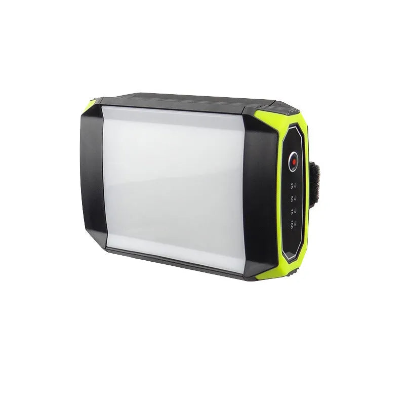 Green aluminium rechargeable camping light with USB port and push-button controls