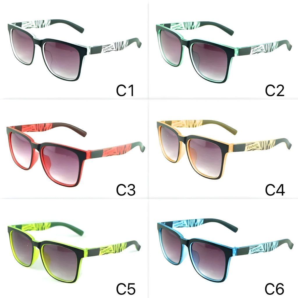 Square kids sports sunglasses with PC frame and AC lenses, shown in six colours: black, green, red, orange, yellow-green and blue.