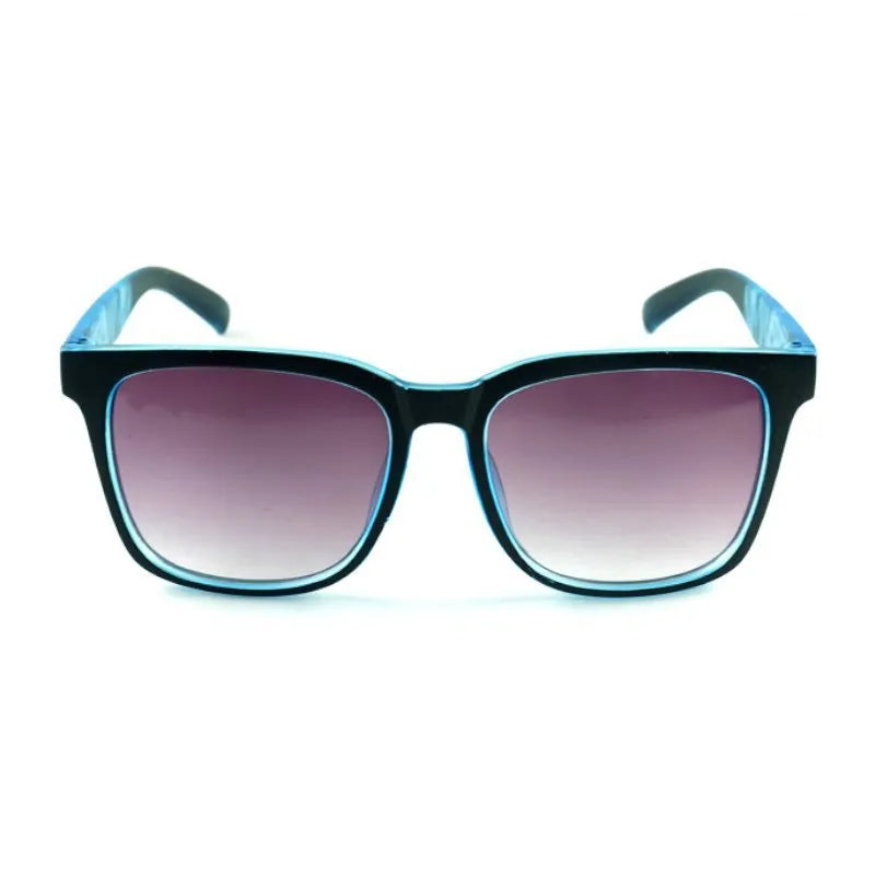Square kids sports sunglasses with PC frame and AC lenses, shown in six colours: black, green, red, orange, yellow-green and blue.