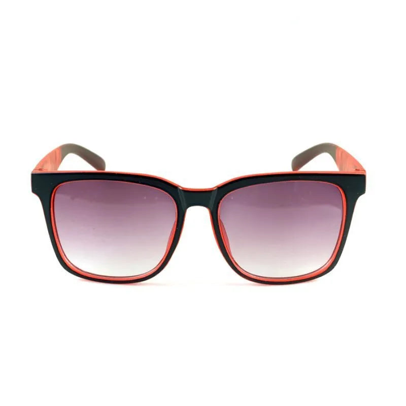 Square kids sports sunglasses with PC frame and AC lenses, shown in six colours: black, green, red, orange, yellow-green and blue.