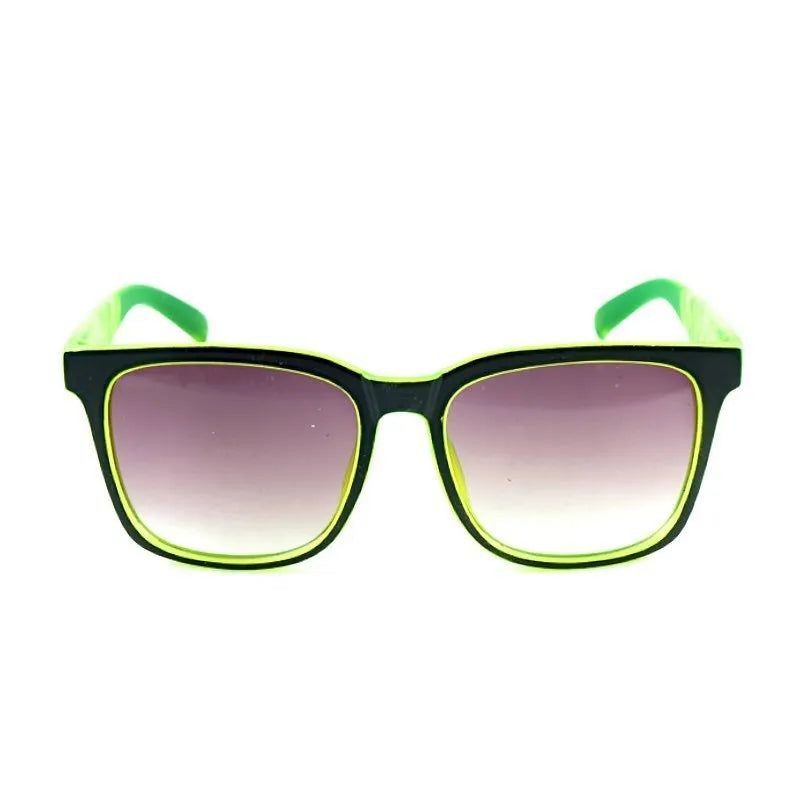 Square kids sports sunglasses with PC frame and AC lenses, shown in six colours: black, green, red, orange, yellow-green and blue.