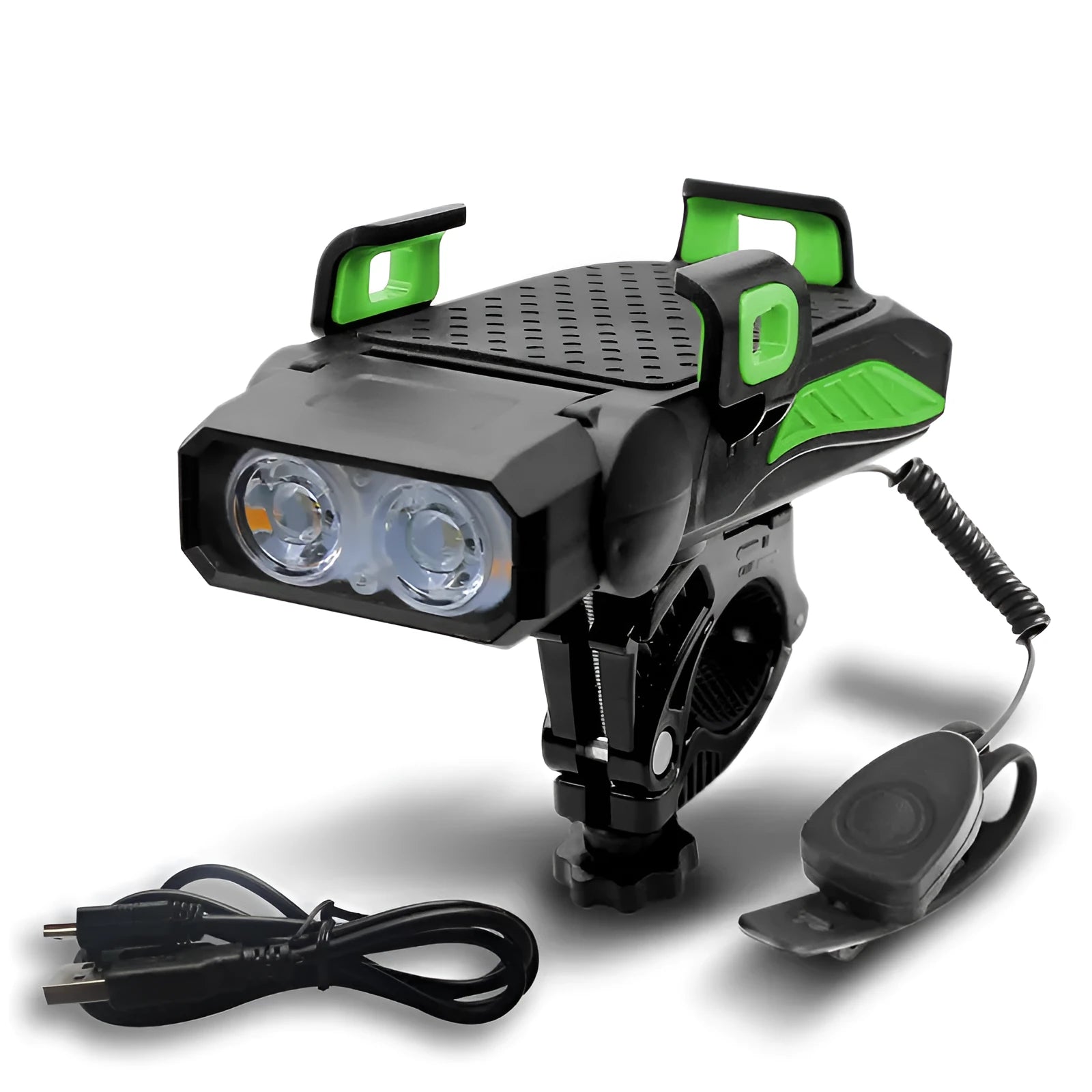 Rechargeable bicycle safety light shown in black, blue, green, and red, available as single or double lamp.