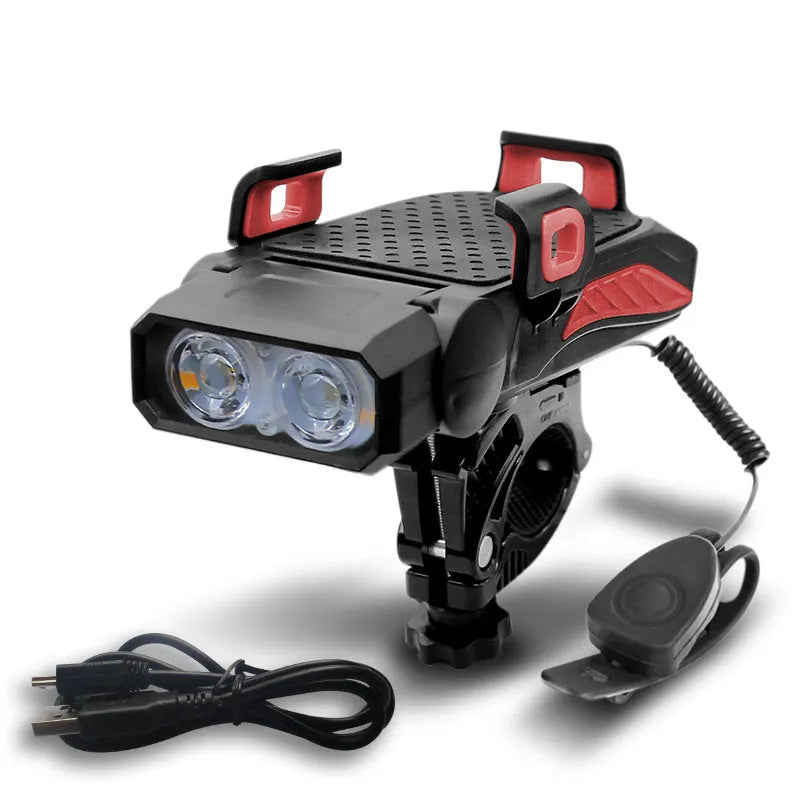 Rechargeable bicycle safety light shown in black, blue, green, and red, available as single or double lamp.
