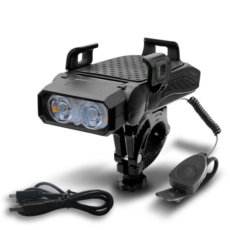 Rechargeable bicycle safety light shown in black, blue, green, and red, available as single or double lamp.