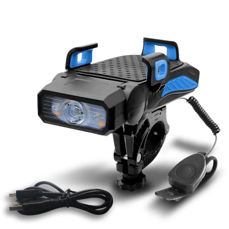Rechargeable bicycle safety light shown in black, blue, green, and red, available as single or double lamp.
