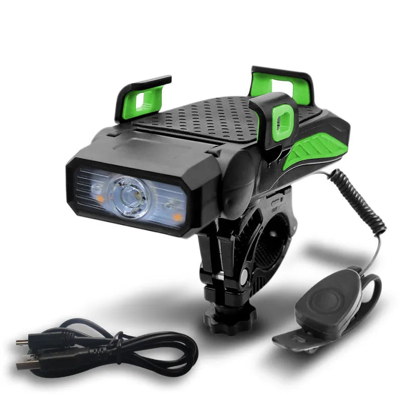 Rechargeable bicycle safety light shown in black, blue, green, and red, available as single or double lamp.