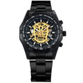 Official automatic gold watch for men with alloy strap and skeleton dial showing mechanical movement