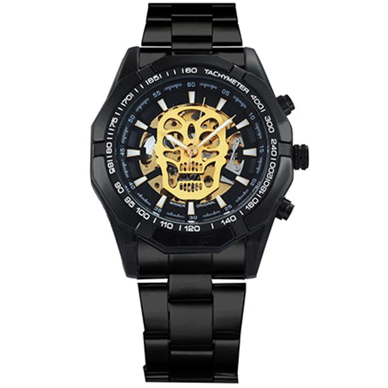 Official automatic gold watch for men with alloy strap and skeleton dial showing mechanical movement