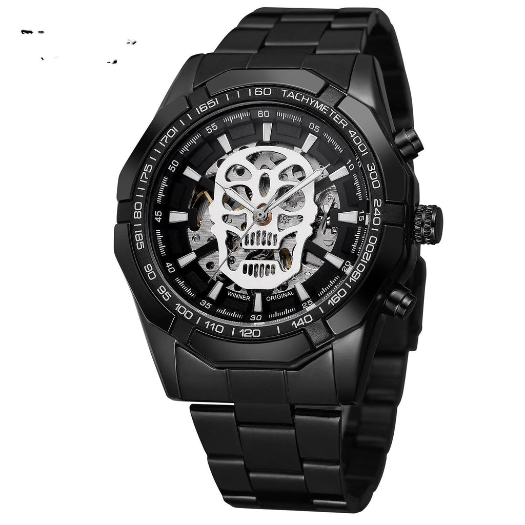 Official automatic gold watch for men with alloy strap and skeleton dial showing mechanical movement
