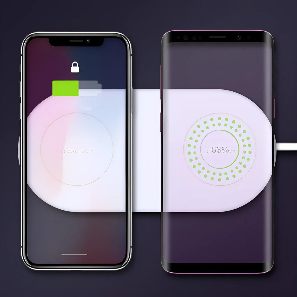 White circular wireless charger showing two smartphones charging simultaneously on its surface