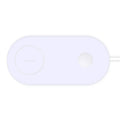 White circular wireless charger showing two smartphones charging simultaneously on its surface