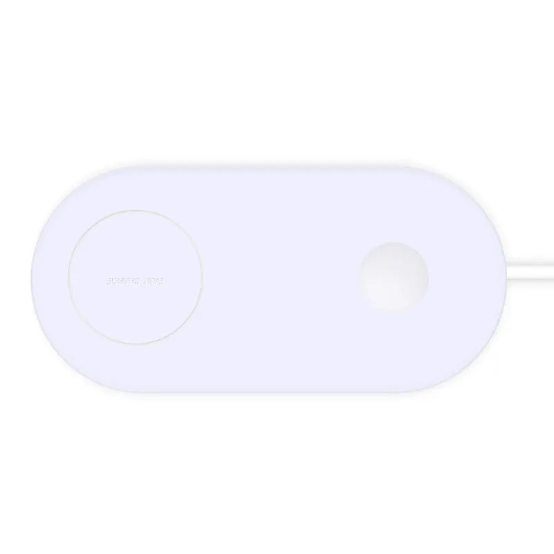 White circular wireless charger showing two smartphones charging simultaneously on its surface