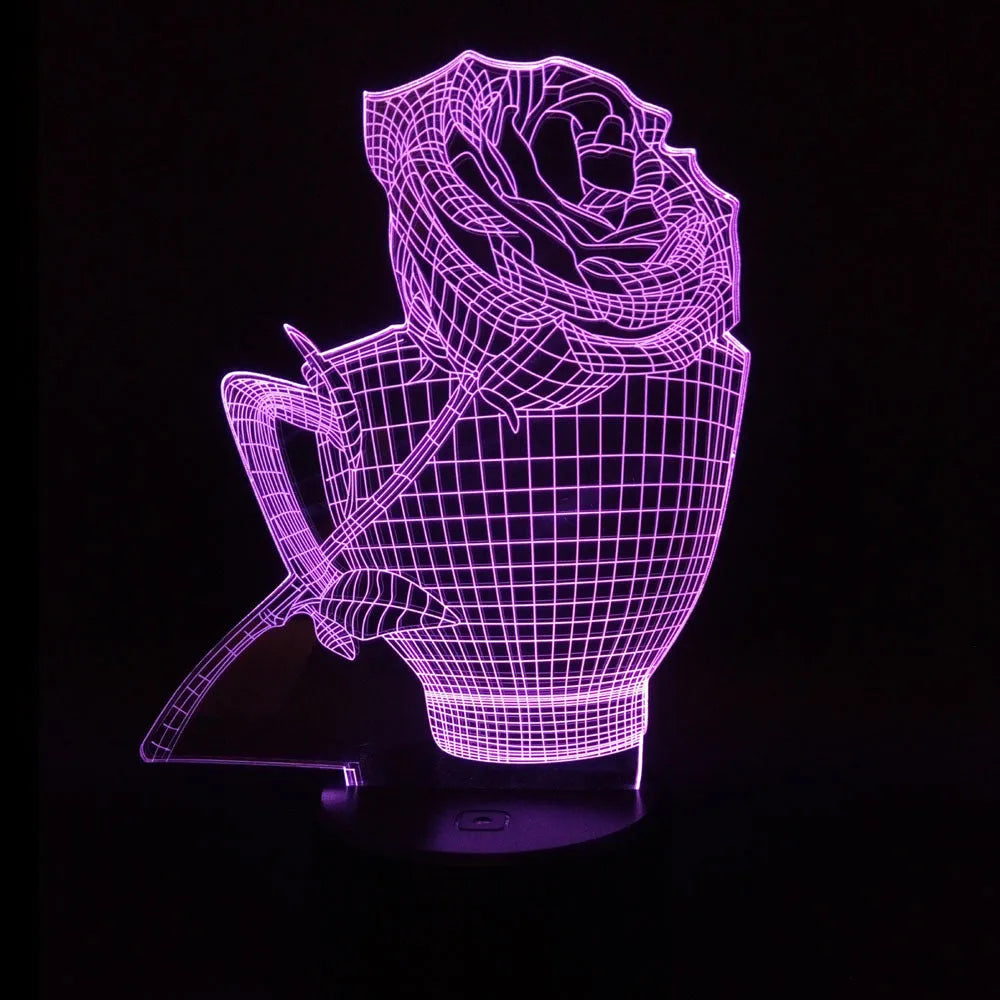 3D acrylic rose flower night light with remote control on a table, displaying purple light.