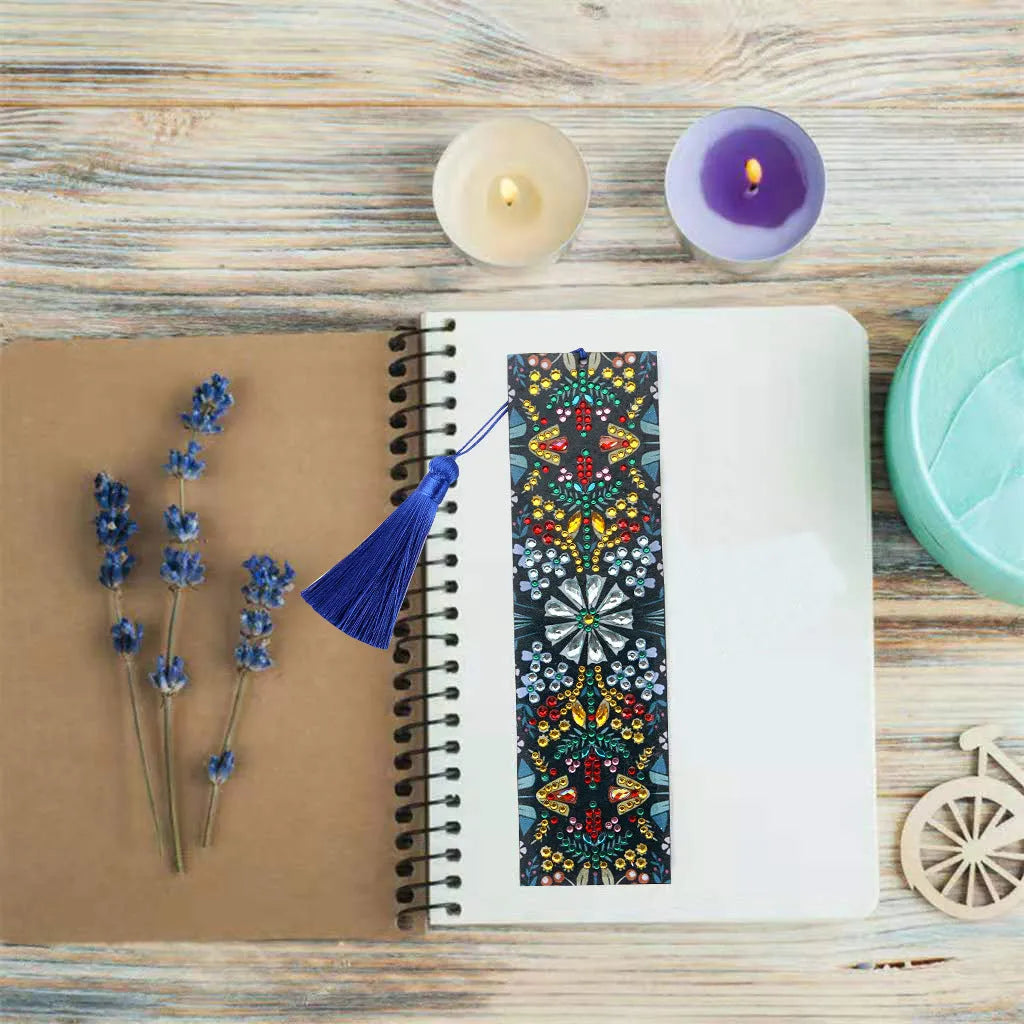 Mandala pattern diamond embroidered leather bookmark with special-shaped diamond detailing