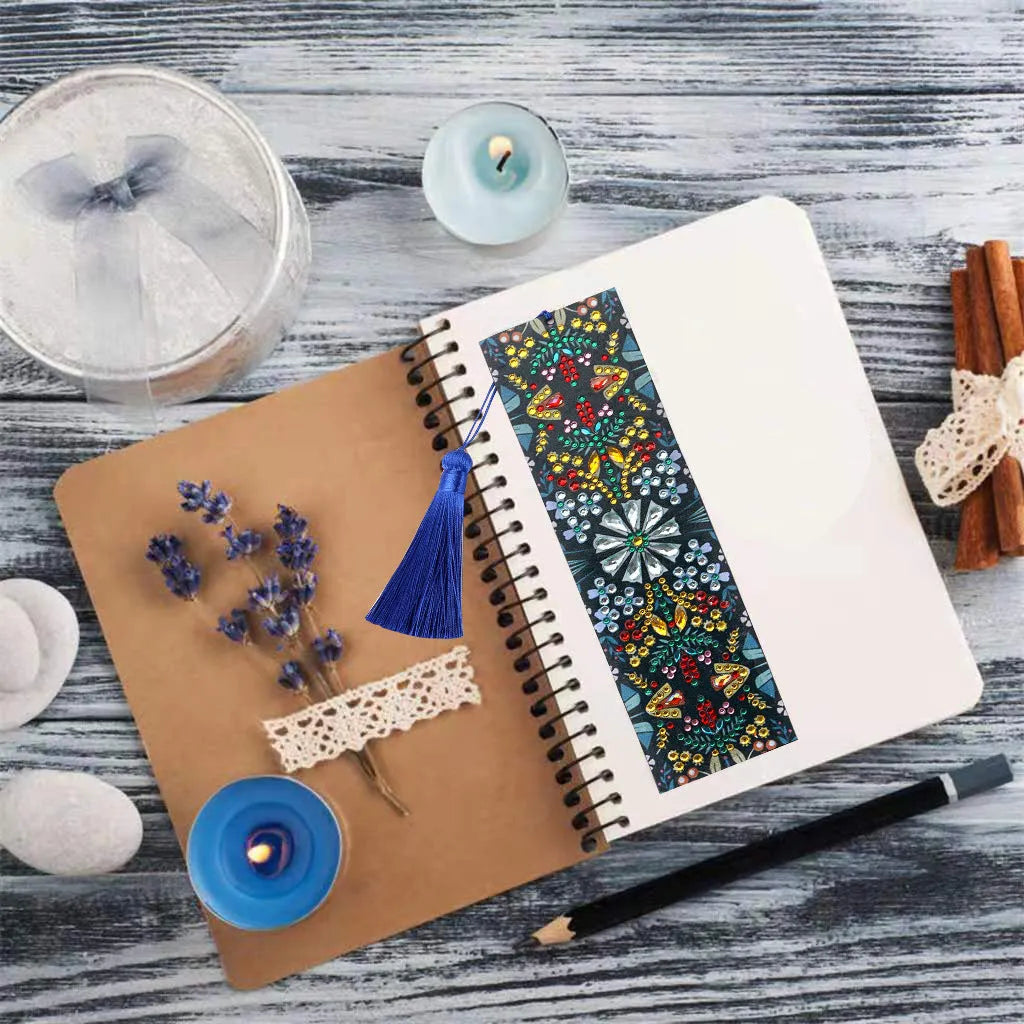 Mandala pattern diamond embroidered leather bookmark with special-shaped diamond detailing