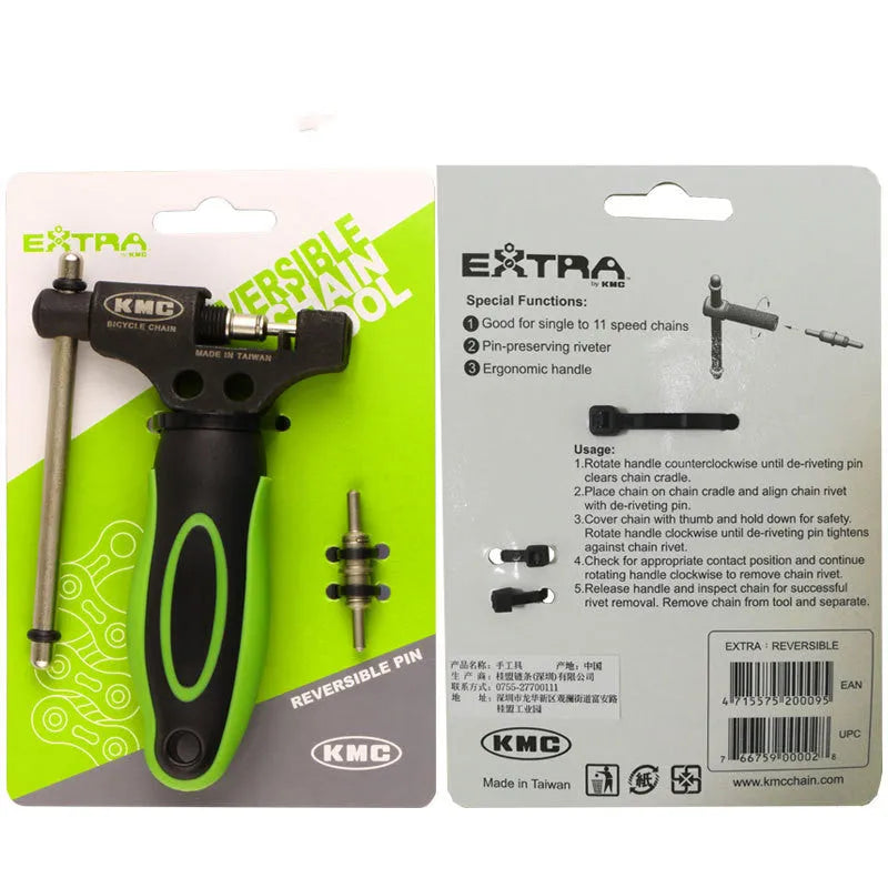 Green steel bicycle chain cutter tool with a double shaft chaining mechanism.