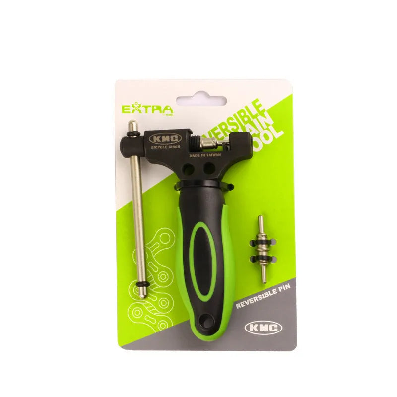 Green steel bicycle chain cutter tool with a double shaft chaining mechanism.