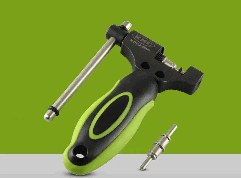 Green steel bicycle chain cutter tool with a double shaft chaining mechanism.