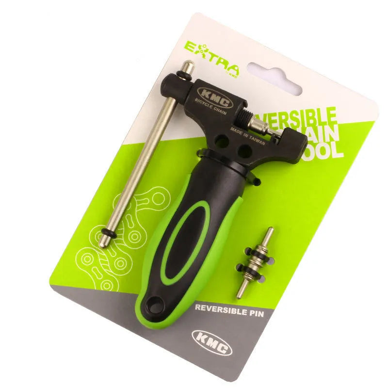 Green steel bicycle chain cutter tool with a double shaft chaining mechanism.