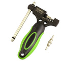 Green steel bicycle chain cutter tool with a double shaft chaining mechanism.