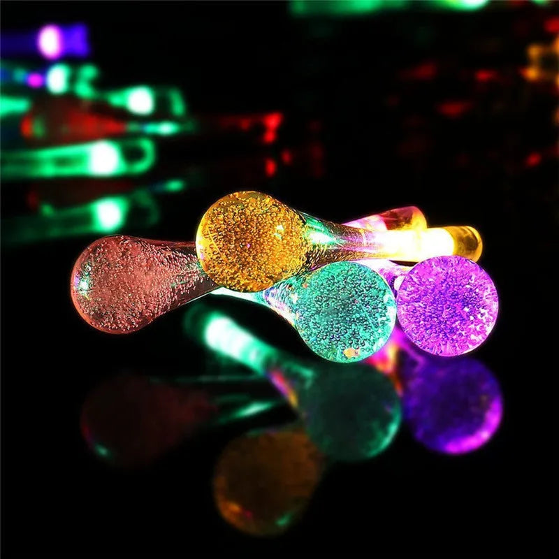 6.5 metre solar LED water drop string lights with 30 bubble drop pendants for outdoor garden use