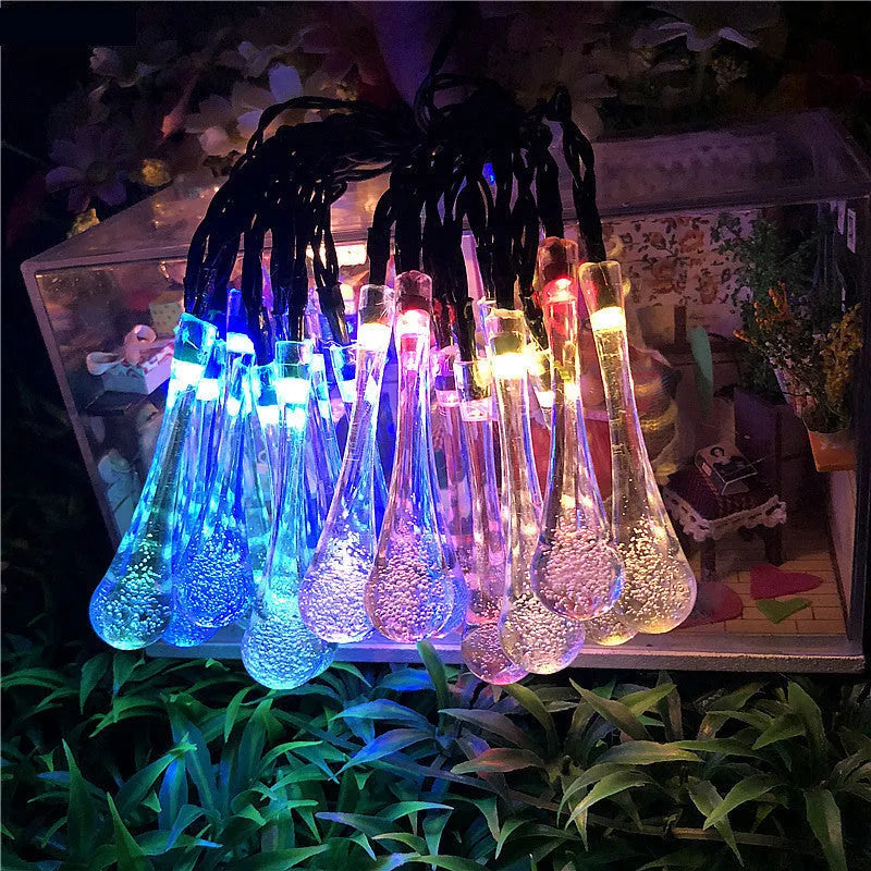 6.5 metre solar LED water drop string lights with 30 bubble drop pendants for outdoor garden use