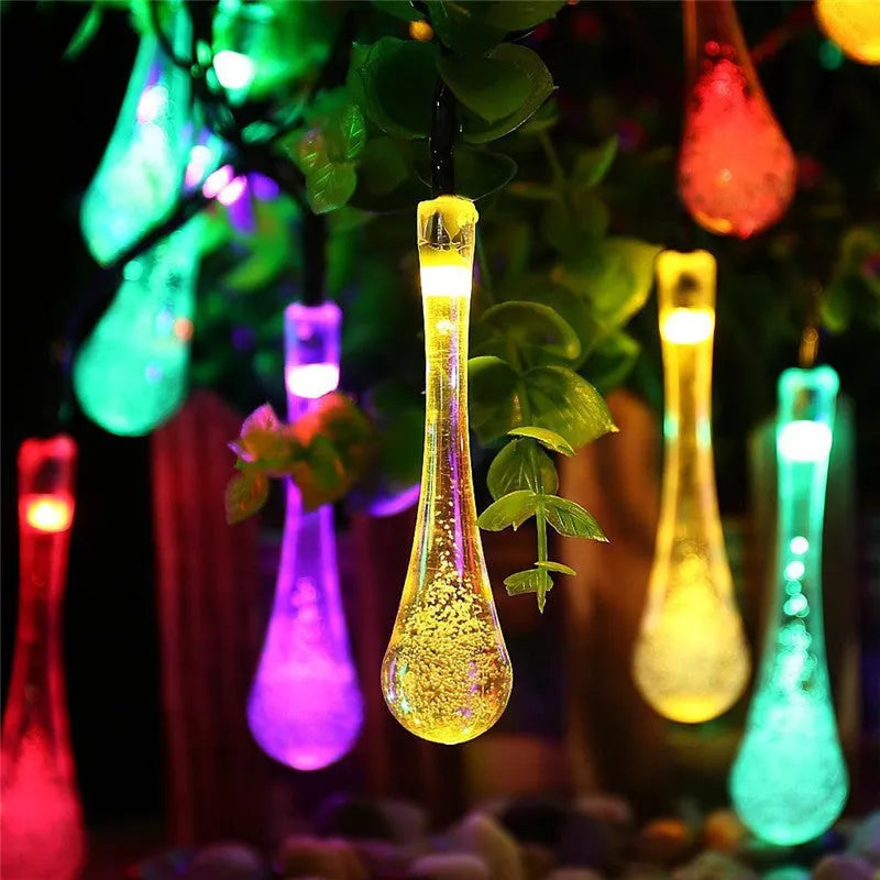 6.5 metre solar LED water drop string lights with 30 bubble drop pendants for outdoor garden use
