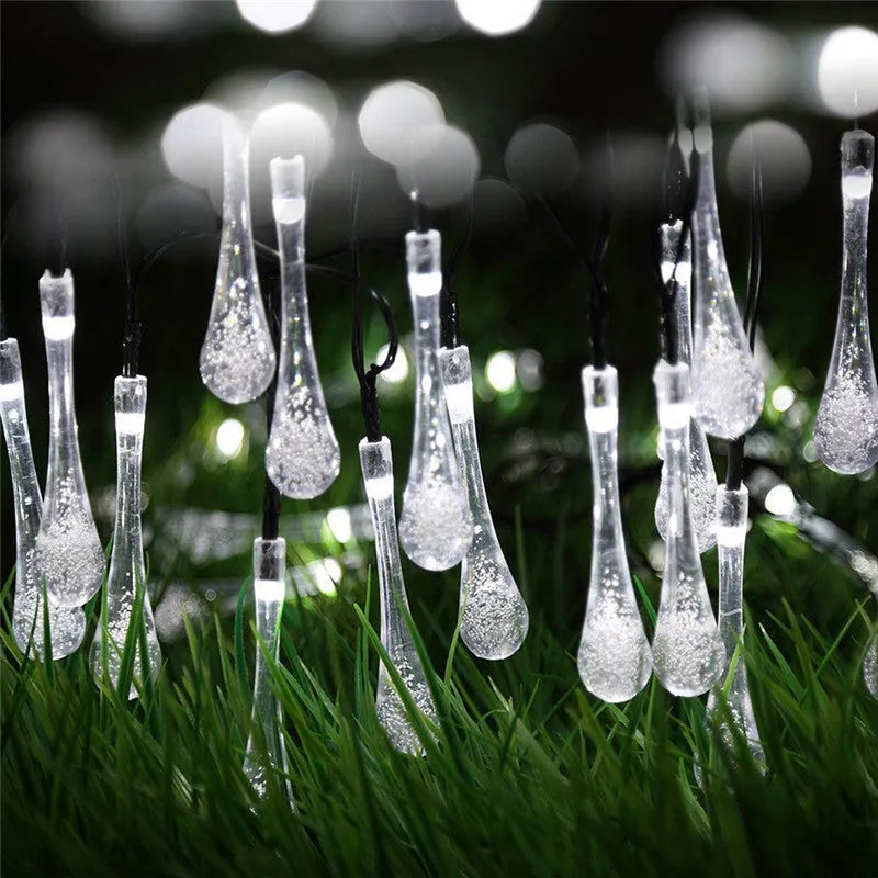 6.5 metre solar LED water drop string lights with 30 bubble drop pendants for outdoor garden use