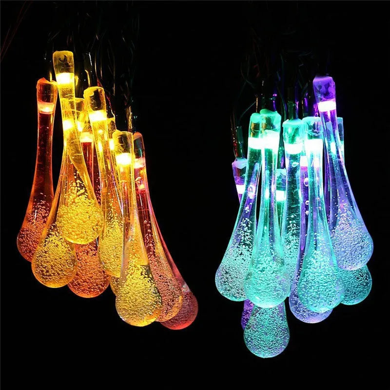 6.5 metre solar LED water drop string lights with 30 bubble drop pendants for outdoor garden use