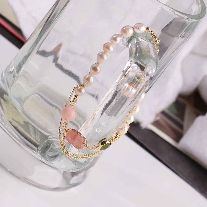 Women's freshwater pearl bracelet with geometric design and strawberry crystal accents