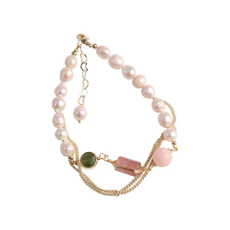 Women's freshwater pearl bracelet with geometric design and strawberry crystal accents